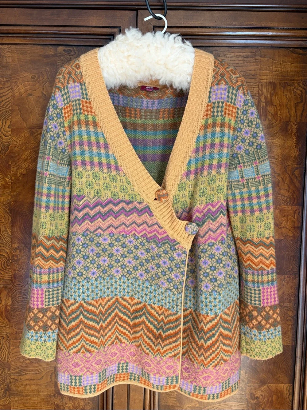 IVKO Extrafine Lambswool Patchwork Cardigan Wrap Sweater Boho MultiColor M Flaws
